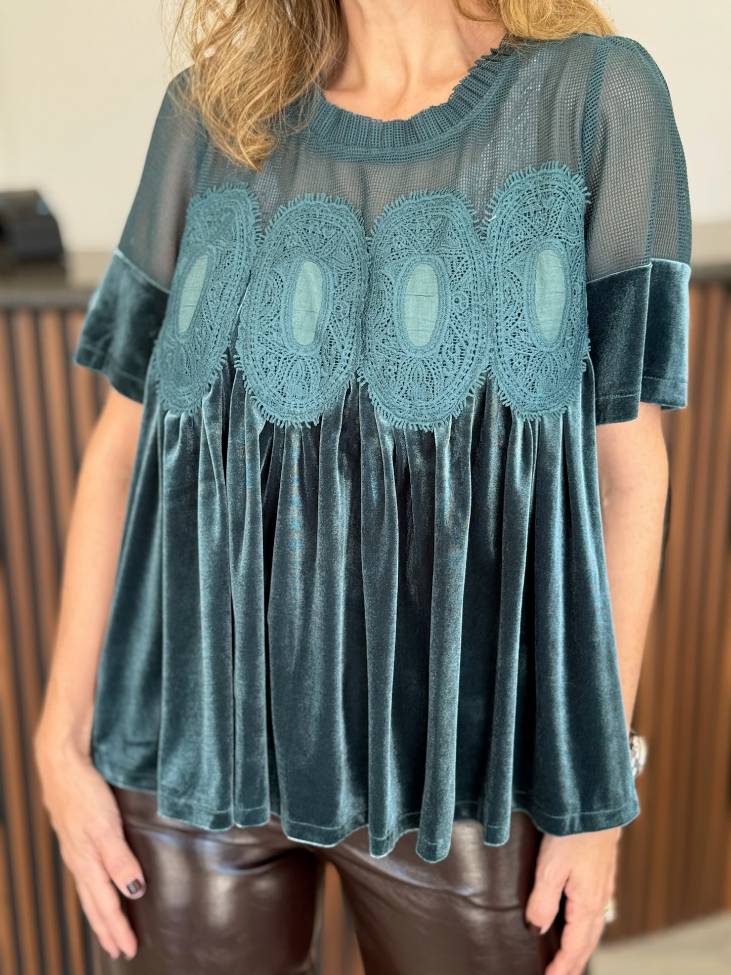 Blusa Teal Green de Terciopelo con Encaje