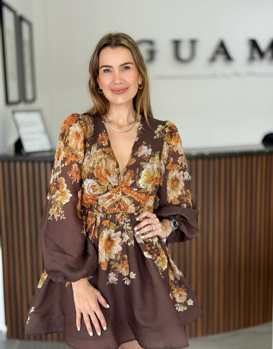 Vestido cafe flores amarillo/naranja