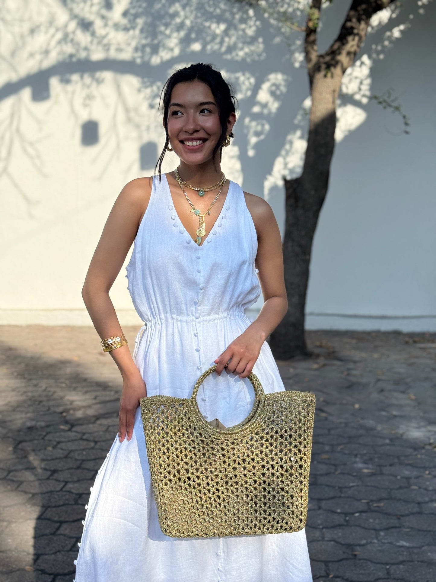 Vestido Lino Botones Blancos