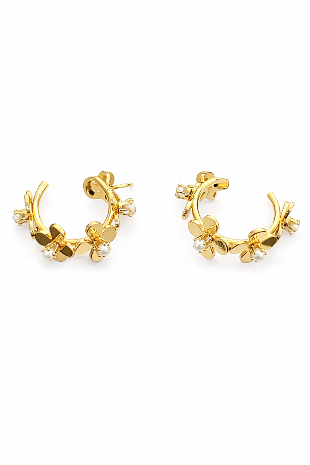 Aretes Aro Flores y Perlas