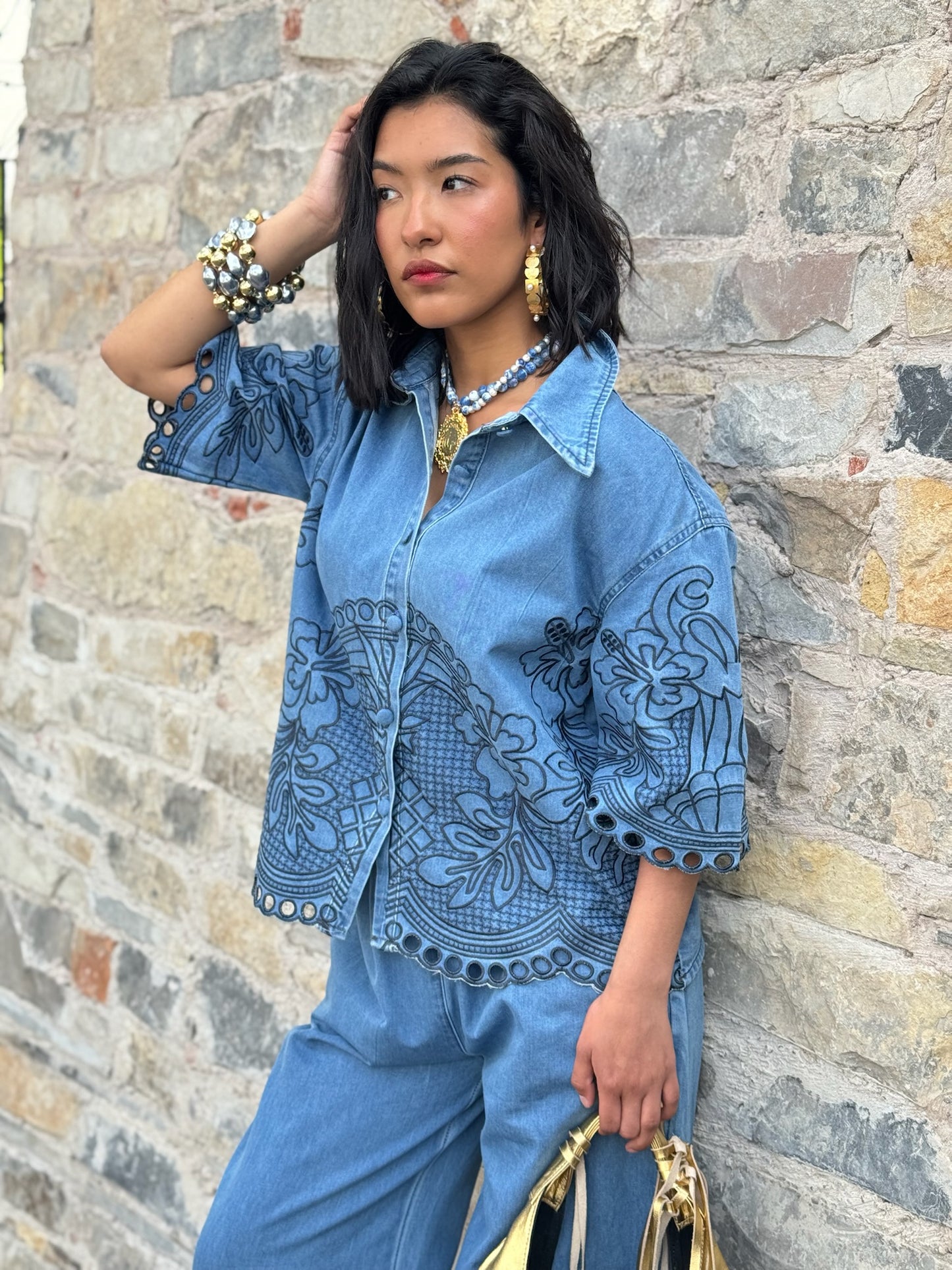 Set Bordado Azul Camisa & Pantalón