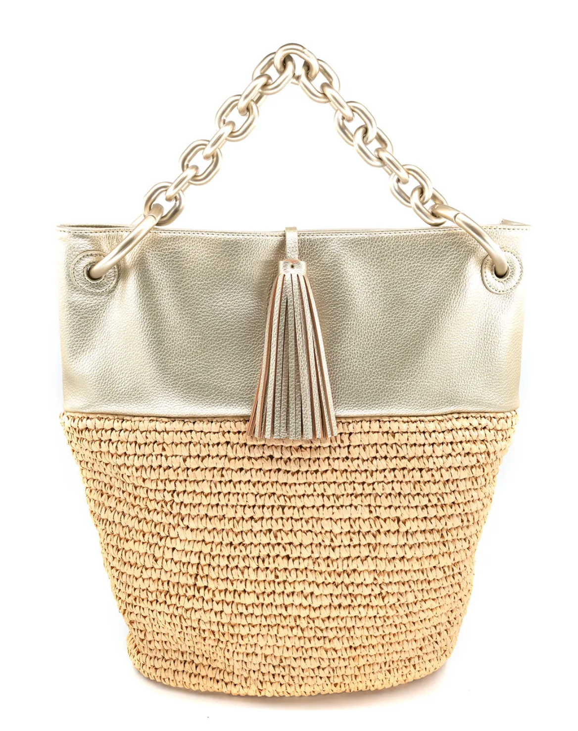 Bolsa bucket dorada con detalle de rafia