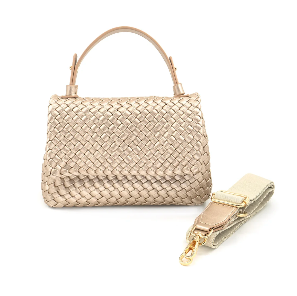 Bolso tejido dorado con asa rígida y correa desmontable