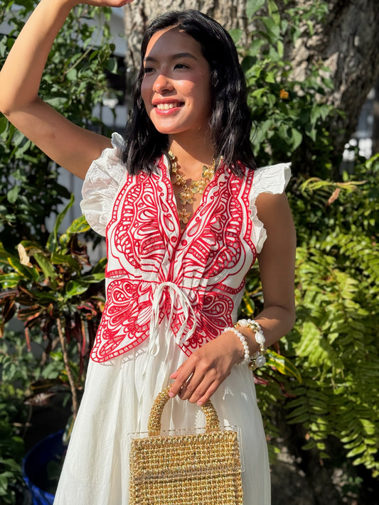 Vestido blanco detalles rojos