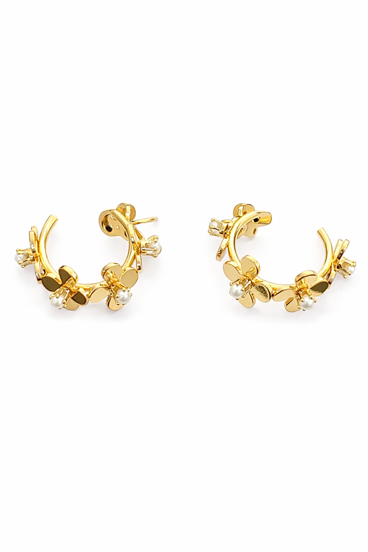 Aretes Aro Flores y Perlas