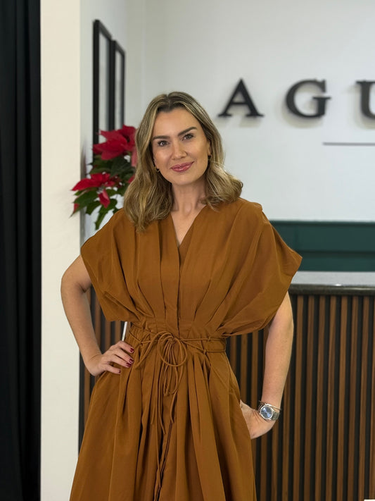 Pleated Vestido Midi Café