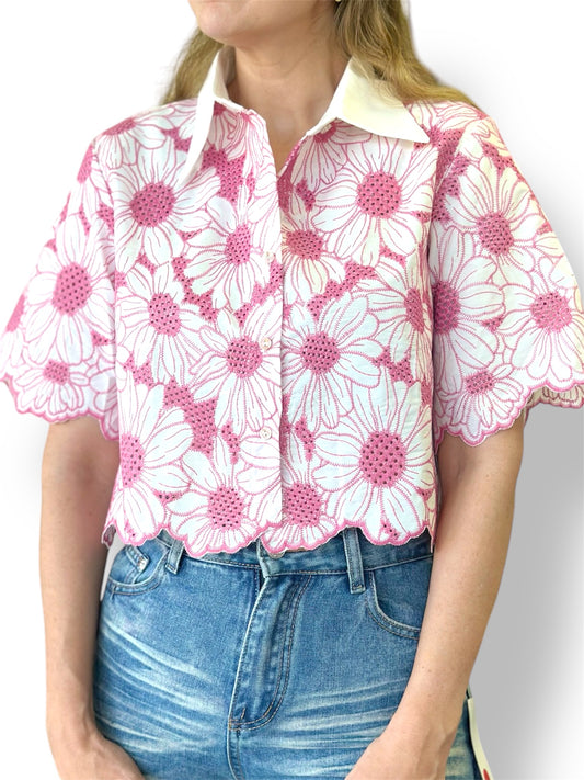 Camisa crop rosa / blanco flores