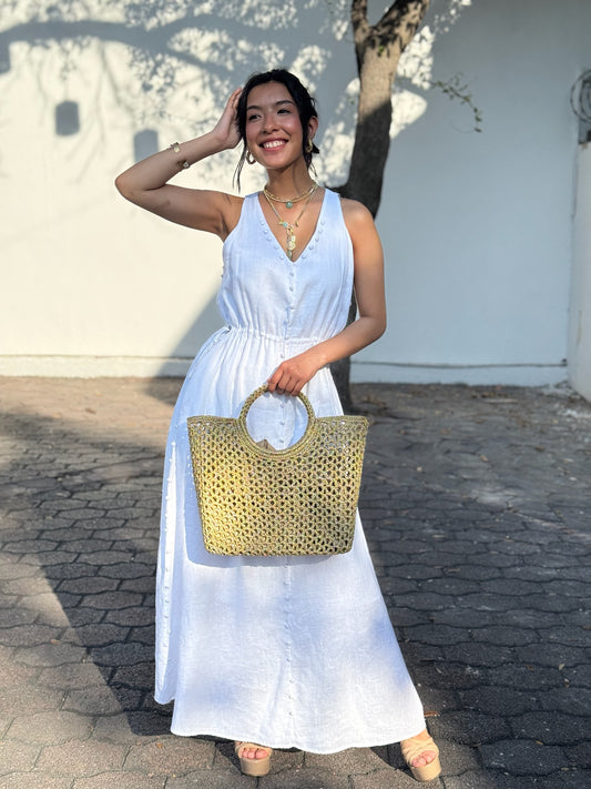 Vestido Lino Botones Blancos