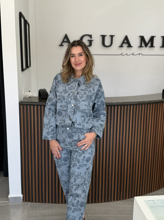 Set azul de flores estilo denim