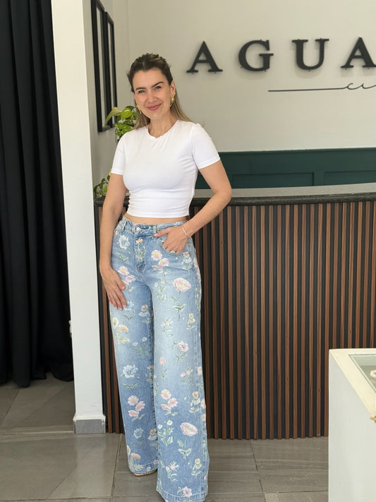 Jeans Wide Leg Floral Print