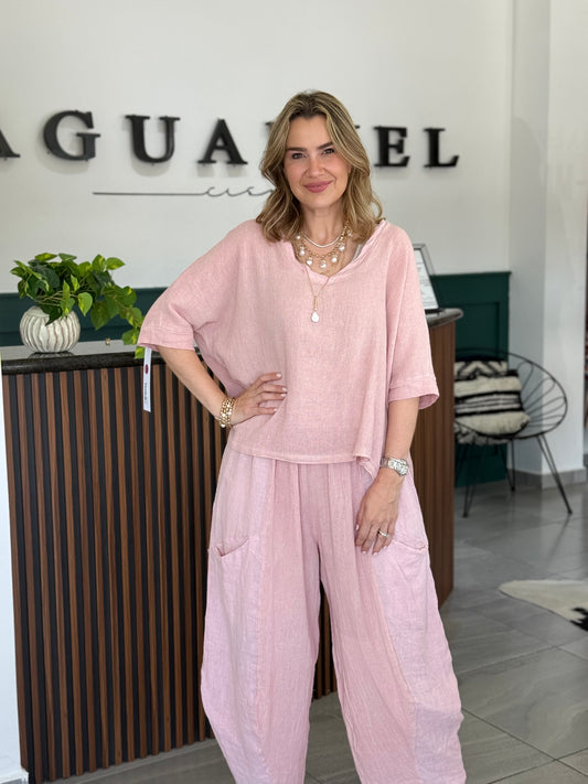 Set rosa pierna wide leg