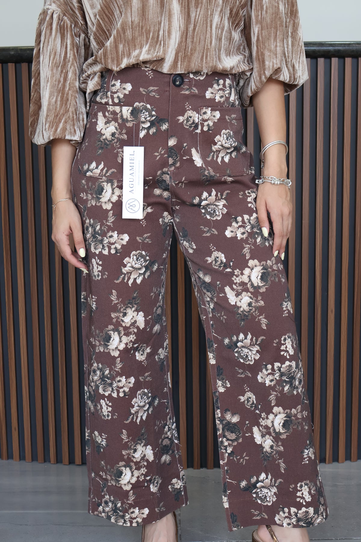 Jeans brown print flores