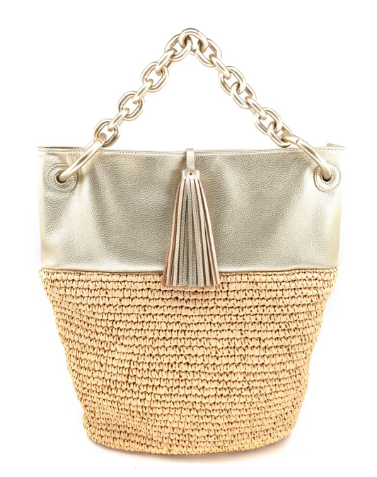 Bolsa bucket dorada con detalle de rafia